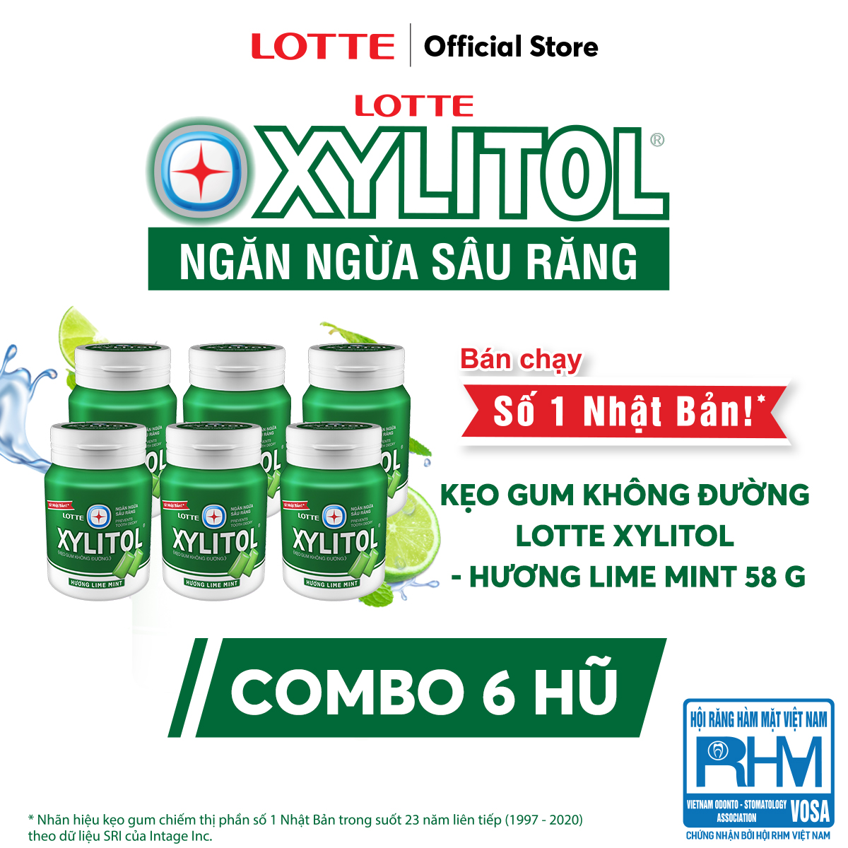Combo 6 Kẹo Gum không đường Lotte Xylitol - Hương Lime Mint 55.1 g