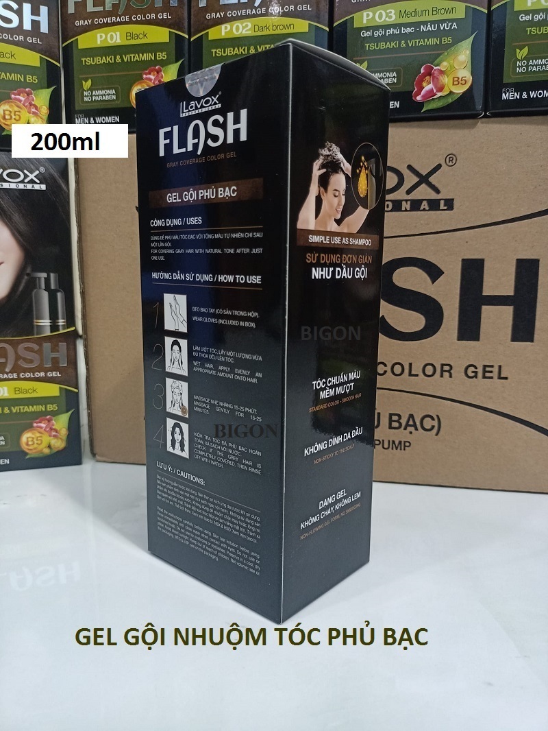 Dầu Gội Nhuộm Đen Tóc, Phủ Bạc Thảo Dược LAVOX FLASH 200ml - Đen Tự Nhiên - P01