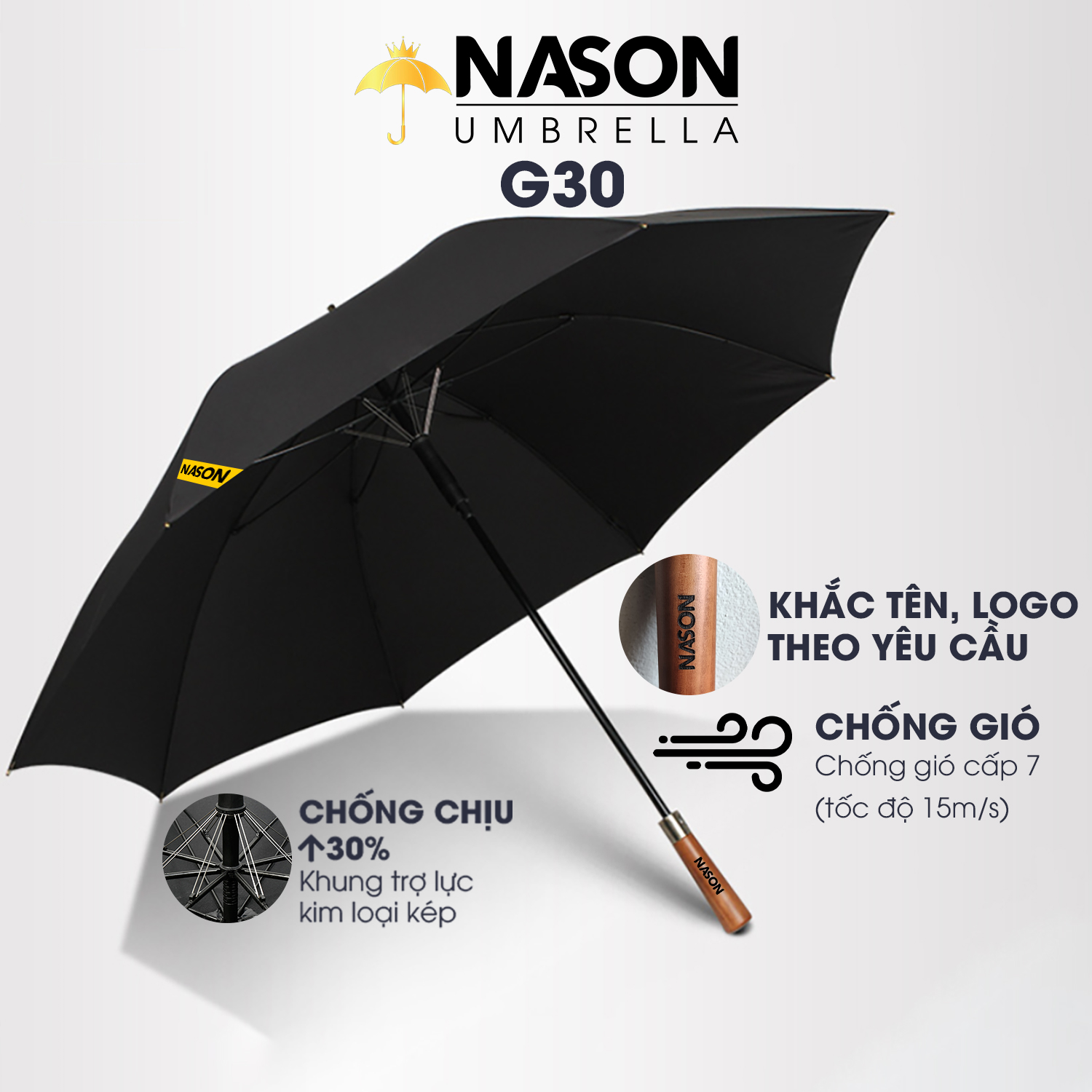 Ô dù cao cấp tán siêu to siêu rộng G30 NASON UMBRELLA Cán gỗ sang trọng khung trợ lực kép chống lật