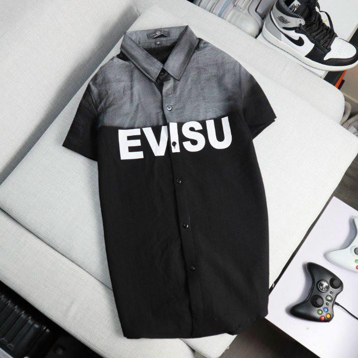 Hình ảnh Áo sơ mi nam vải đũi tay ngắn in EVISU phong cách Hàn quốc.