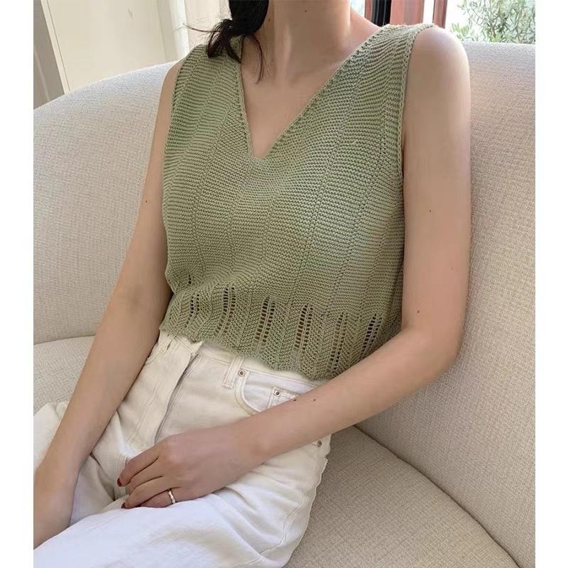MS614 Áo ba lỗ nữ len dệt kim croptop cổ V bo gấu Phulinh2505 hàng Quảng Châu