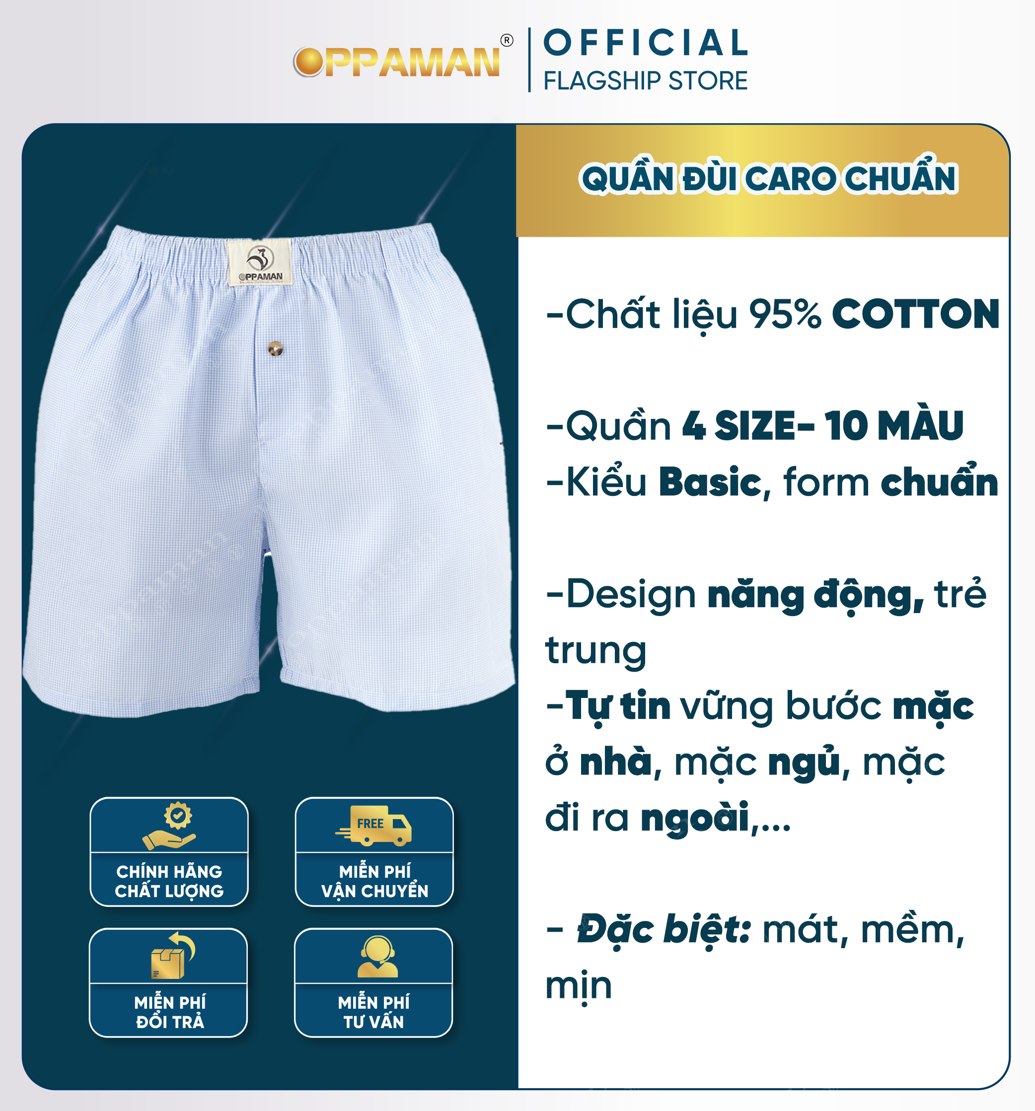 Quần đùi nam caro Oppaman kate cotton có túi khuy cài OD1- 1 cái