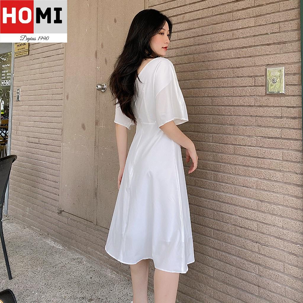 Váy Trắng Chữ A Cổ chữ V rút nhún ngực đầm dự tiệc cưới, dạo phố,HOMI Fashion