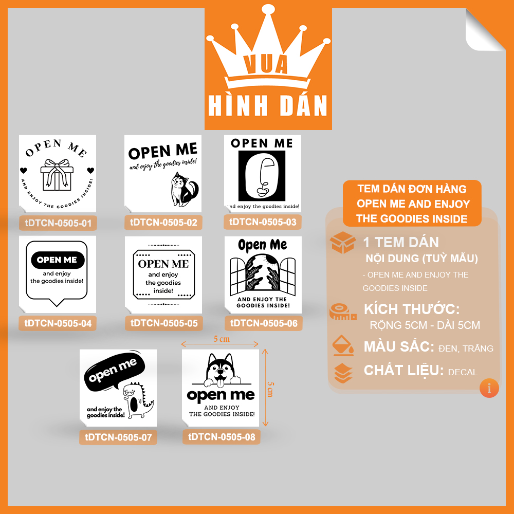 Set 50/100 sticker OPEN ME AND ENJOY THE GOODIES INSIDE 5x5cm nhãn dán hộp quà, túi sản phẩm