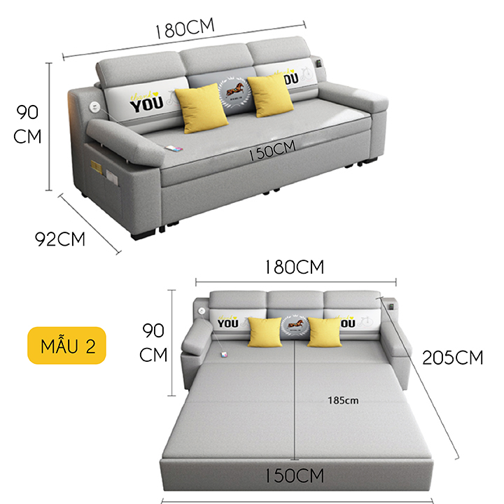 Sofa giường thông minh đa năng - Giường ngủ gấp gọn có khoang chứa đồ, cổng sạc USB, vỏ bọc là vải lanh cao cấp