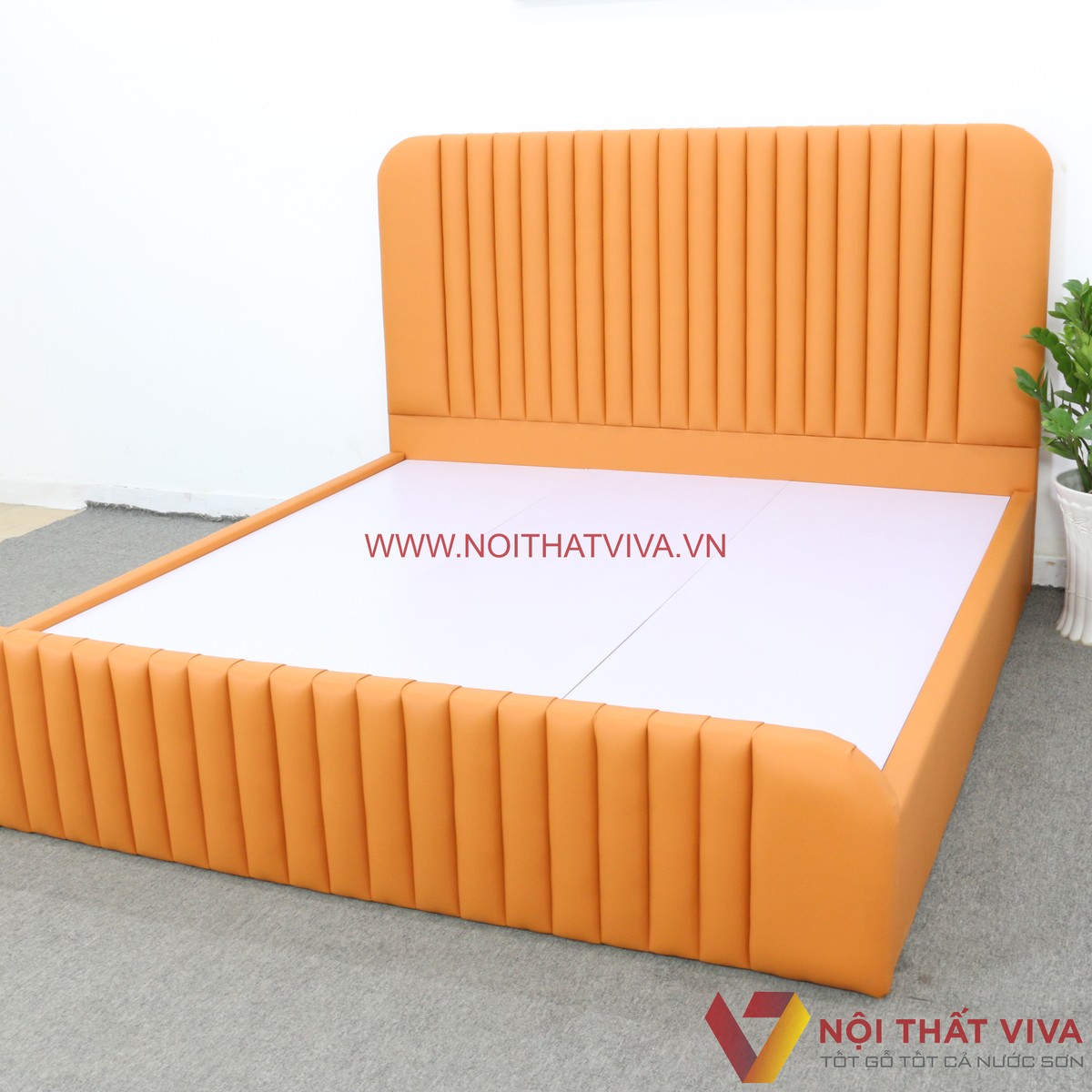 Giường Ngủ Bọc Da Gỗ MDF Hiện Đại Chỉ Sọc Màu Cam Đẹp Độc Đáo