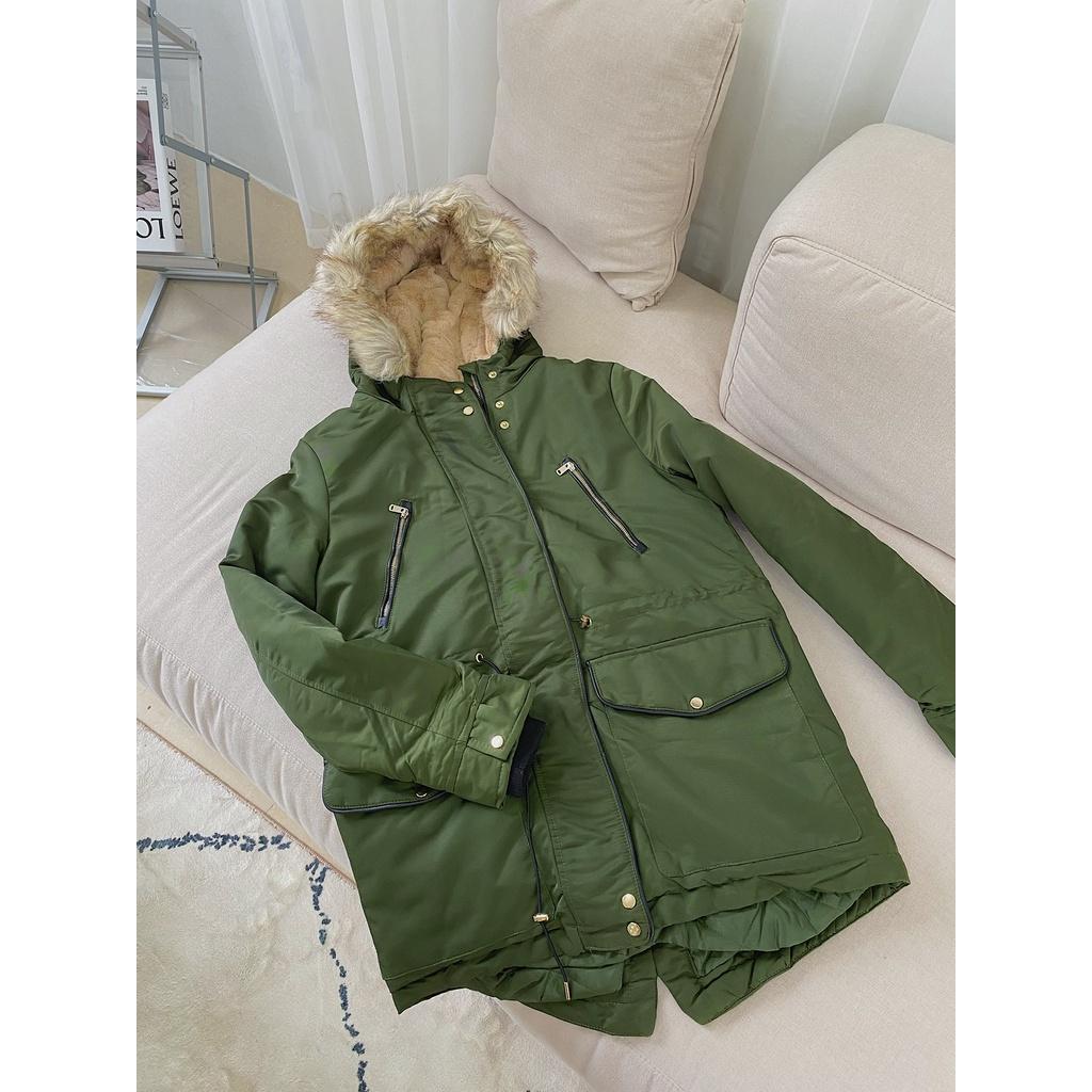 Áo parka Stradivarius lót chần bông mũ lông túi hộp Xanh rêu Mia RItta A2099