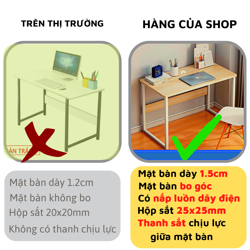 Bàn làm việc đơn giản hộp sắt 25x25mm sơn tĩnh điện chắc chắn, bàn học mặt dày 1.5cm bo góc an toàn dễ dàng đầy đủ phụ kiện