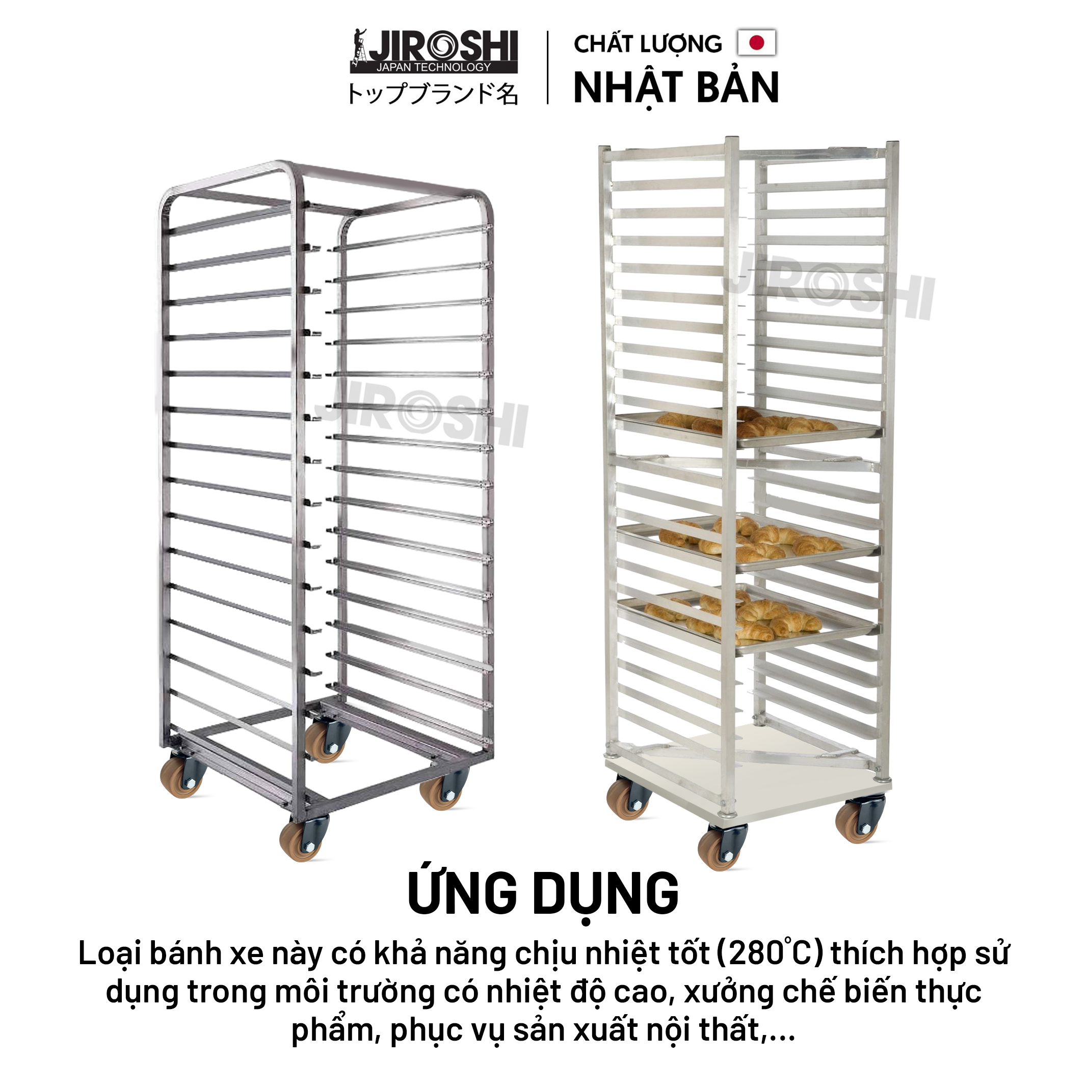 Bánh xe đẩy hàng chịu nhiệt cao JIROSHI Nhật Bản,Bánh xe đẩy hàng tải trọng lớn có bạc đạn và khóa chuyên dùng