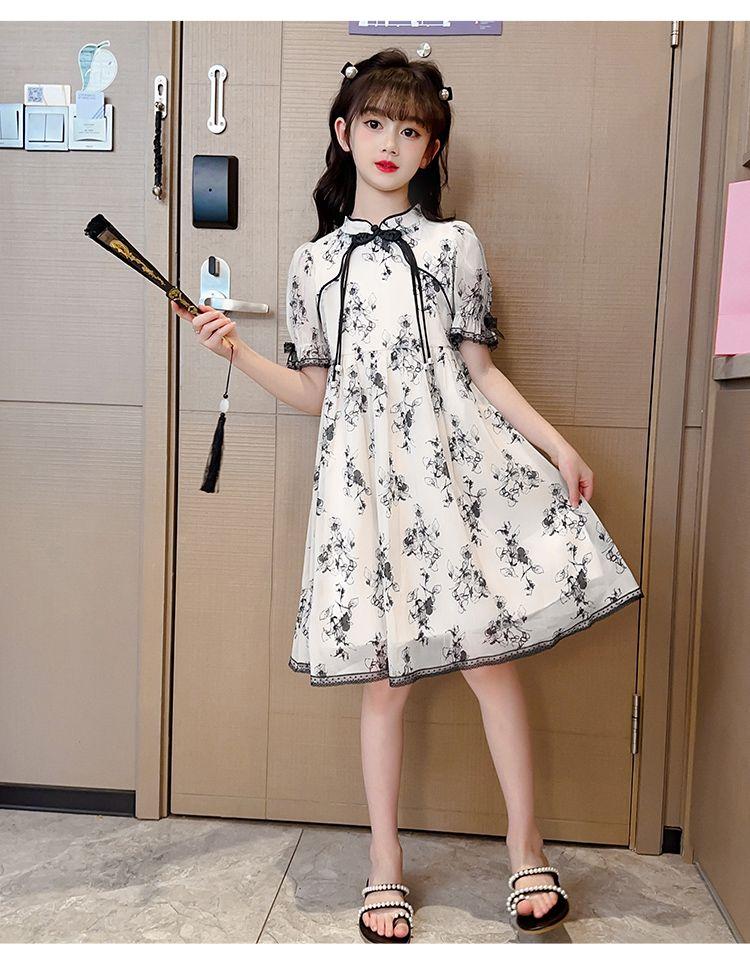 CHENGRUI Cô gái ăn mặc Midboy mùa hè 2023 mực vẽ sườn xám váy cô gái phong cách phương Tây cổ trang công chúa váy