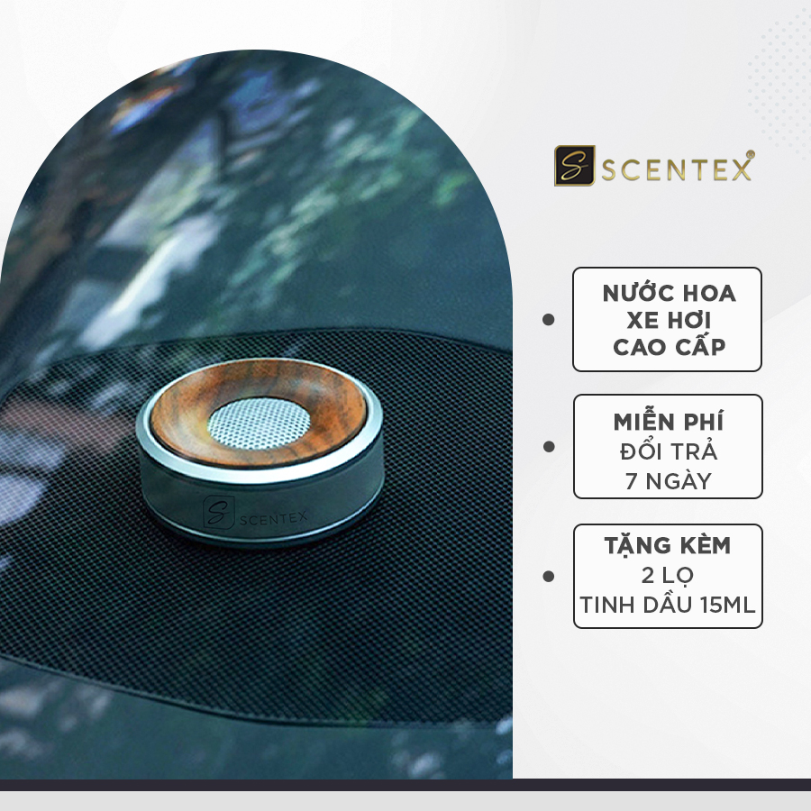 Nước hoa xe hơi cao cấp Scentex SCENT SOUND 100% Organic, được làm từ hợp kim kim ALUMINUM cắt CNC công nghệ cao kết hợp với bên trong là Gỗ Hoàng Đàn có mùi thơm nức tự nhiên, bên trong ruột bông có thể thấm hút tinh dầu khuếch tán mùi hương, khử mùi, di