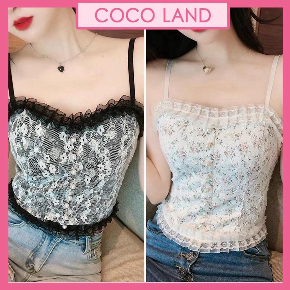 Áo 2 Dây Nữ Ren Hoa Tiểu Thư Đính Hạt Viền Bèo, Chun Sau Dáng Croptop Siêu Sang Chảnh Có Mút Ngực aloha