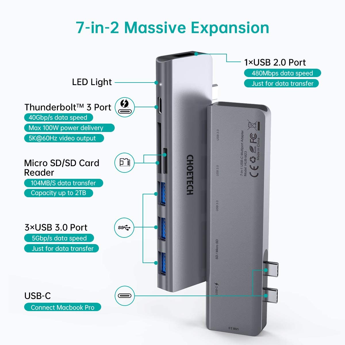 Hub type c chia cổng  Dual Type-C 7 in 1 hỗ trợ sạc nhanh 100W cho Macbook / laptop Type-C hiệu CHOETECH M23 ra 3 cổng USB 3.0, 1 cổng USB 2.0, Cổng đọc thẻ SD & Micro SD, sạc nhanh chuẩn Thunderbolt 3 0 - Hàng chính hãng