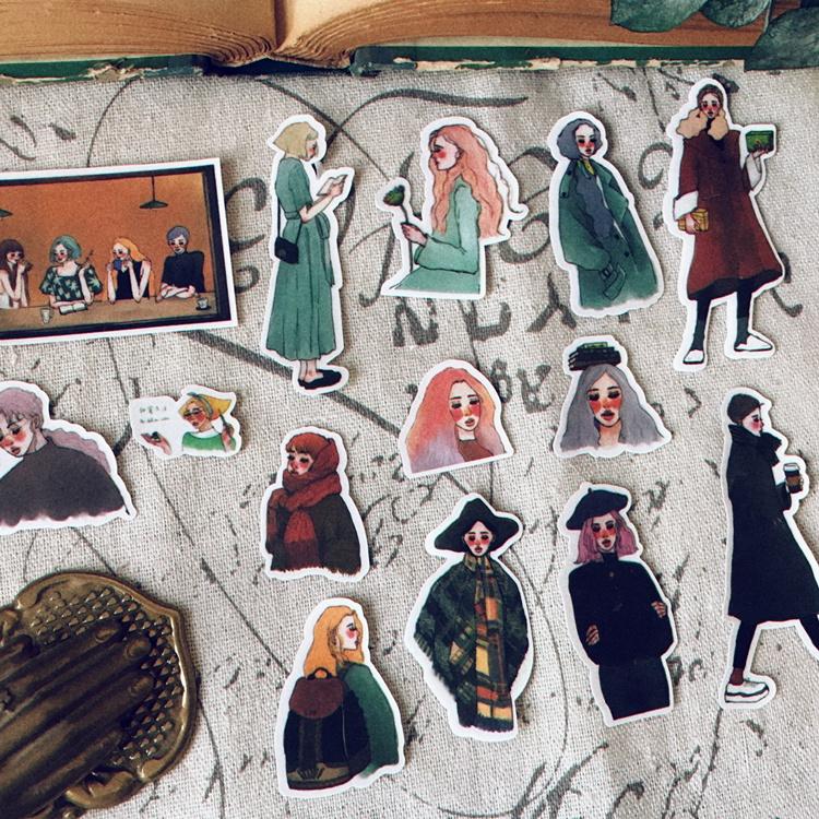 S100 - Set 14 stickers giấy cô gái mùa đông Winter Girl vintage cổ điển trang trí sổ bullet journal, junk journal