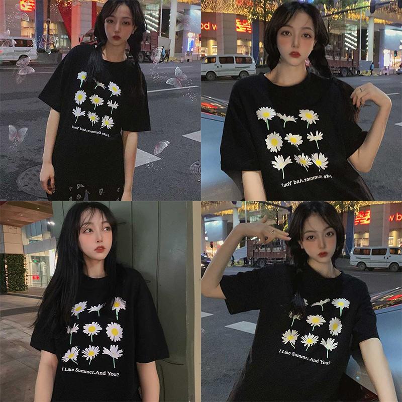 Áo Thun Tay Ngắn Cổ Tròn Hoạ Tiết Hoa Thiết Kế Dáng Rộng Thoải Mái