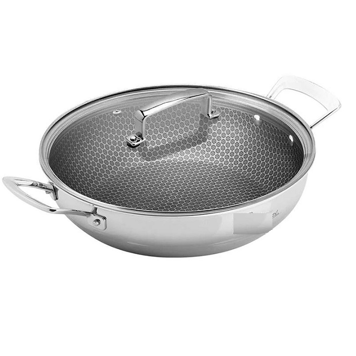 Chảo 2 Quai Sâu Lòng Chống Dinh Tổ Ong Đáy Từ Inox 3 Lớp 28cm Cao Cấp