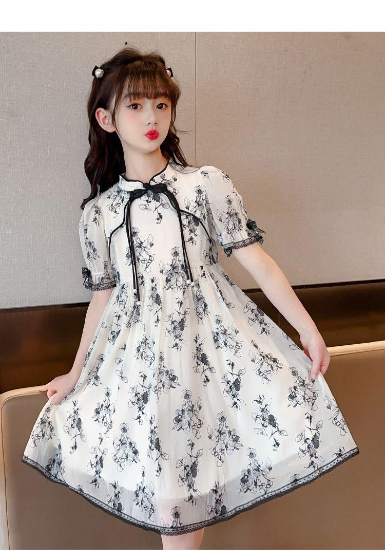CHENGRUI Cô gái ăn mặc Midboy mùa hè 2023 mực vẽ sườn xám váy cô gái phong cách phương Tây cổ trang công chúa váy