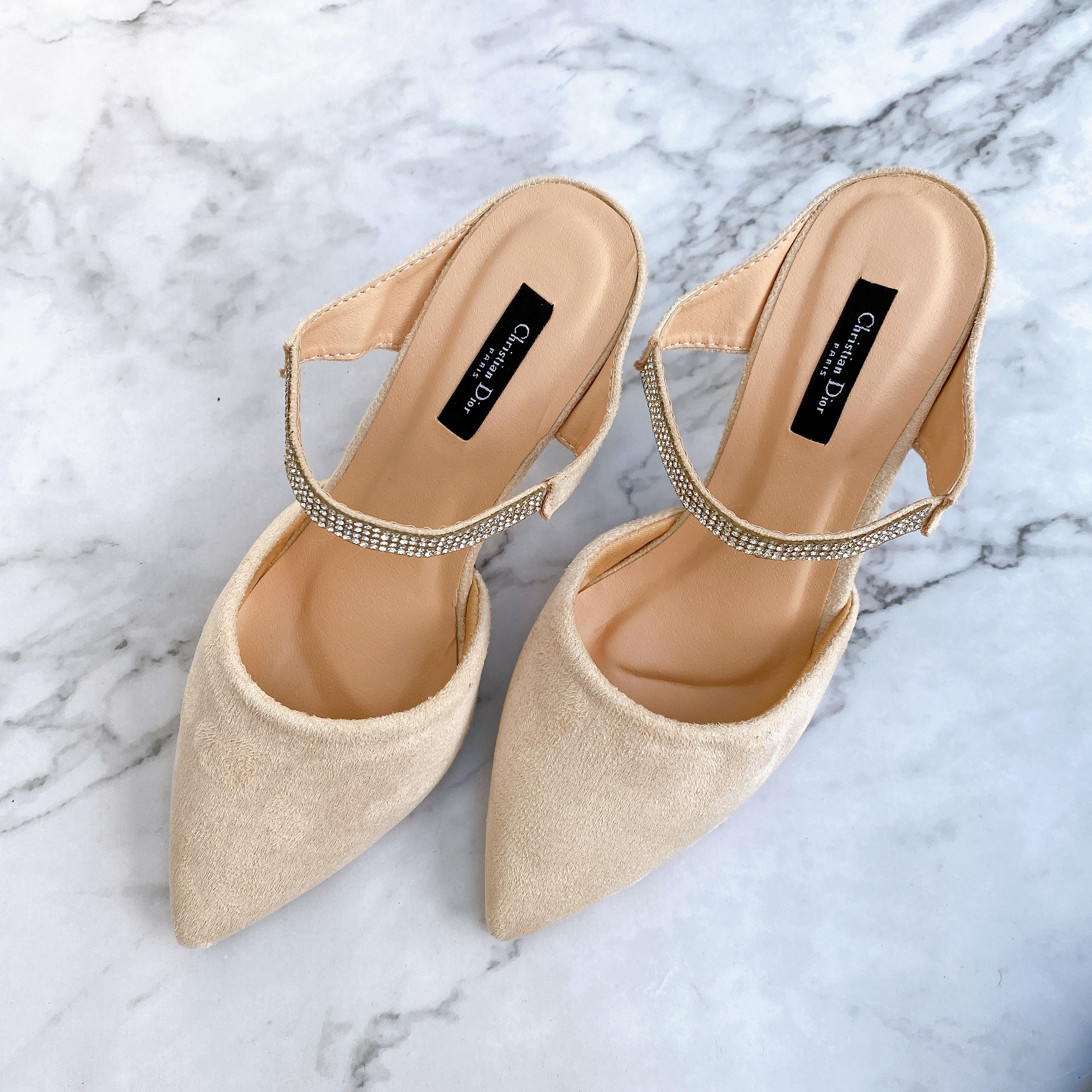 Giày cao gót, sandal NKC51 nữ 7 phân gót nhọn da lộn hở gót đính đá sành điệu