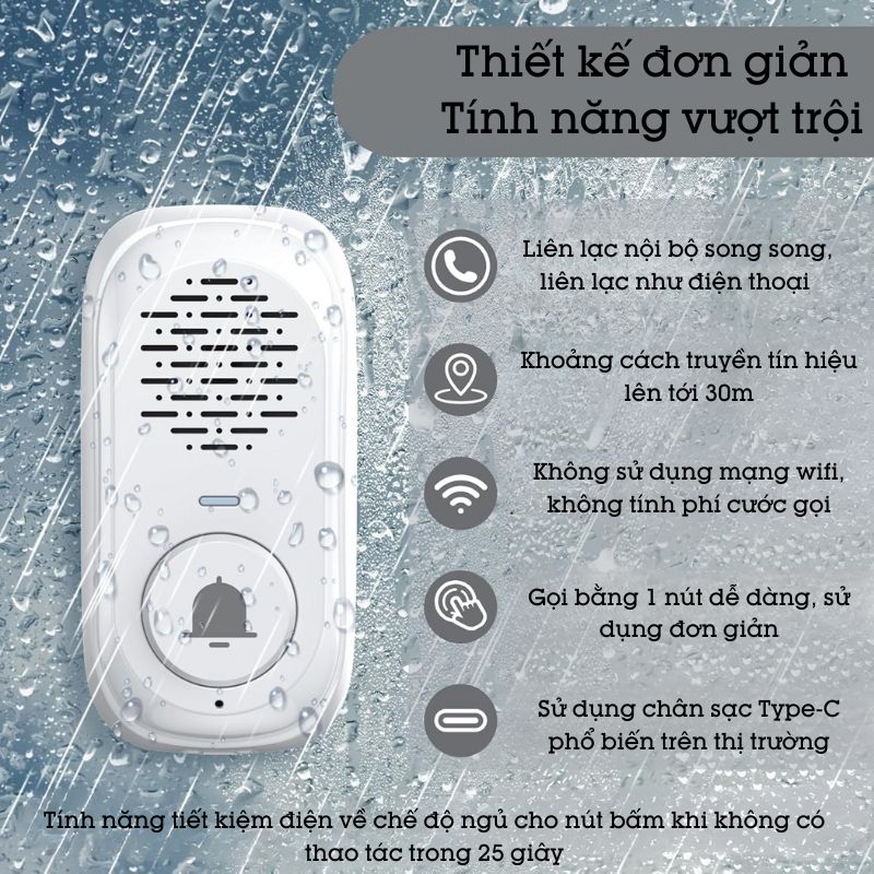 Chuông cửa đàm thoại 2 chiều không dây chống nước Intercom Doorbell IDS1