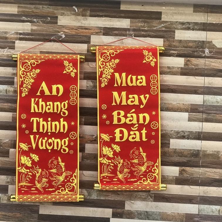 Liễn nhung đỏ trang trí Tết : mua may bán đắt- an khang thịnh vượng