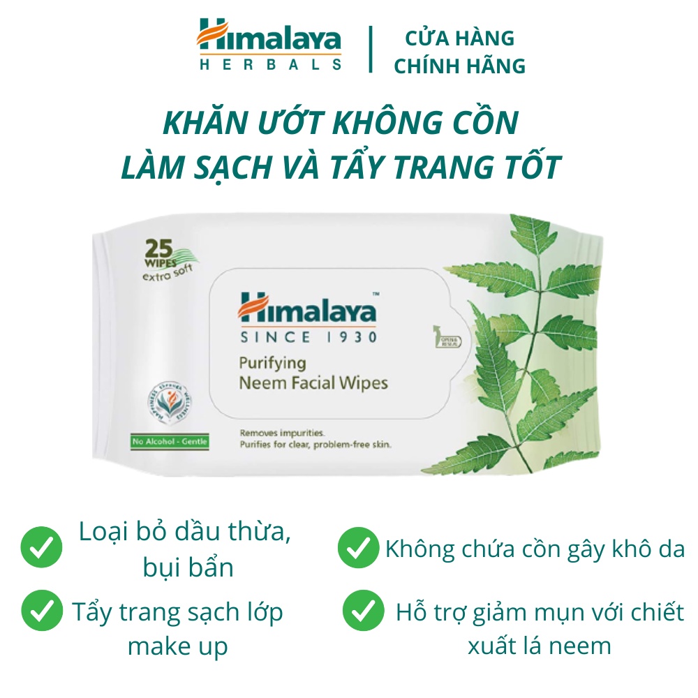 KHĂN ƯỚT TẨY TRANG KHÔNG CHỨA CỒN CHIẾT XUẤT LÁ NEEM HIMALAYA PURIFYING NEEM FACIAL WIPES