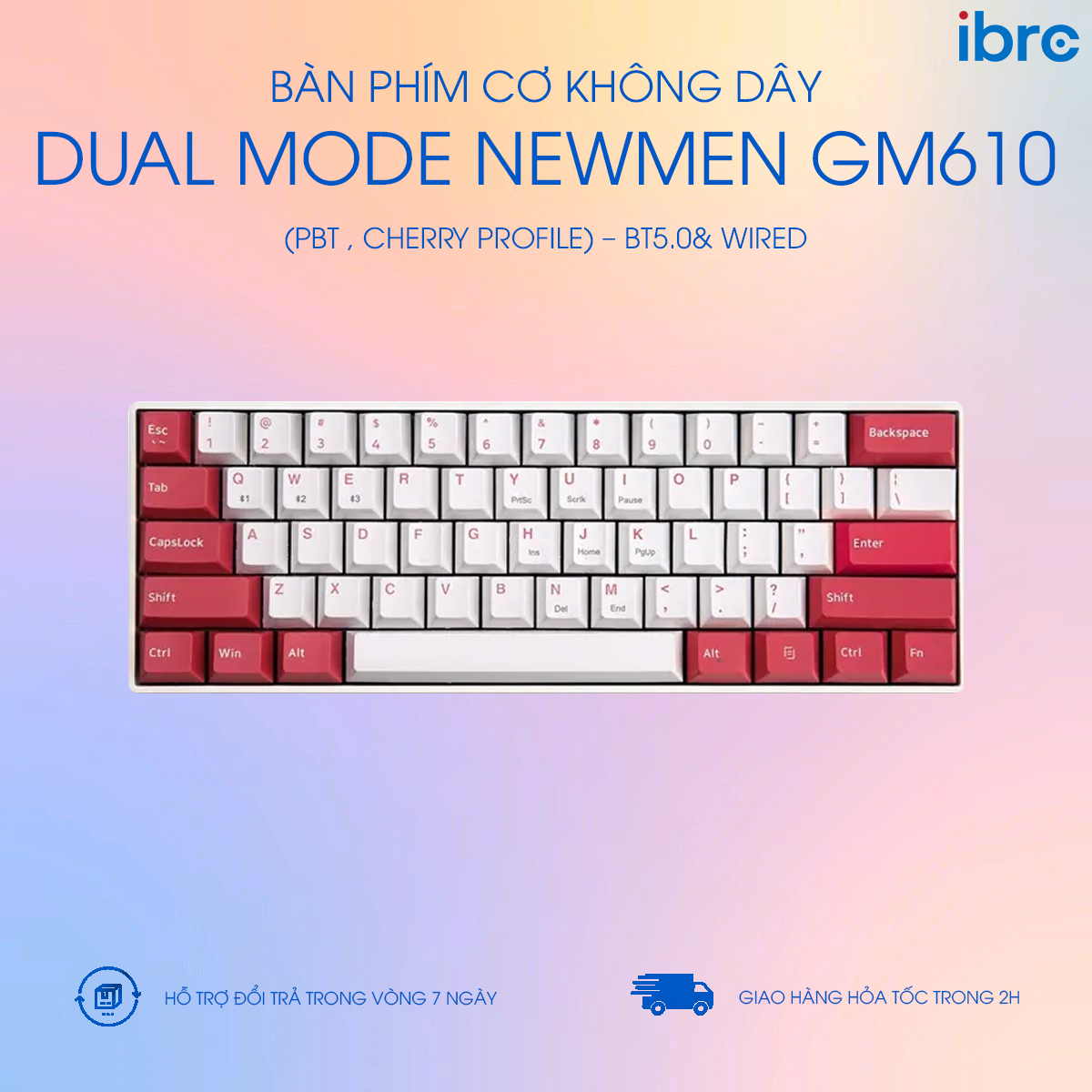 Bàn phím cơ không dây Dual Mode Newmen GM610 (PBT , Cherry profile) – BT5.0&amp; Wired -Hàng chính hãng