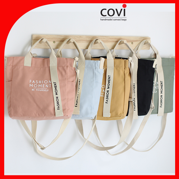 Túi vải Hàn Quốc, túi đeo chéo vải canvas phối chữ fashion moment thời trang Covi nhiều màu sắc T11-M-Màu Xanh Đậu