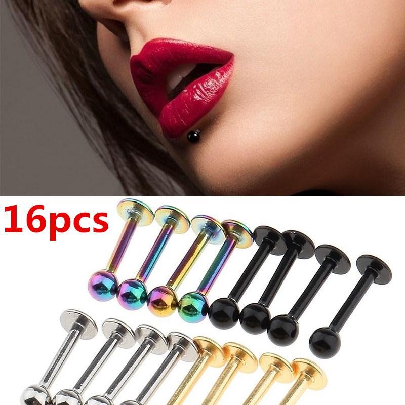 4-7pack 16Pcs 18G Stainless Steel Lip Ring Chin Bars Earring Stud Piercing
