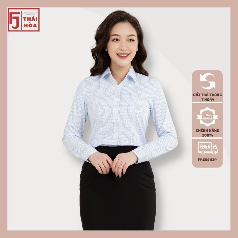 Sơ mi nữ Thái Hoà công sở đẹp kẻ caro cotton màu xanh nhạt A092-03-01