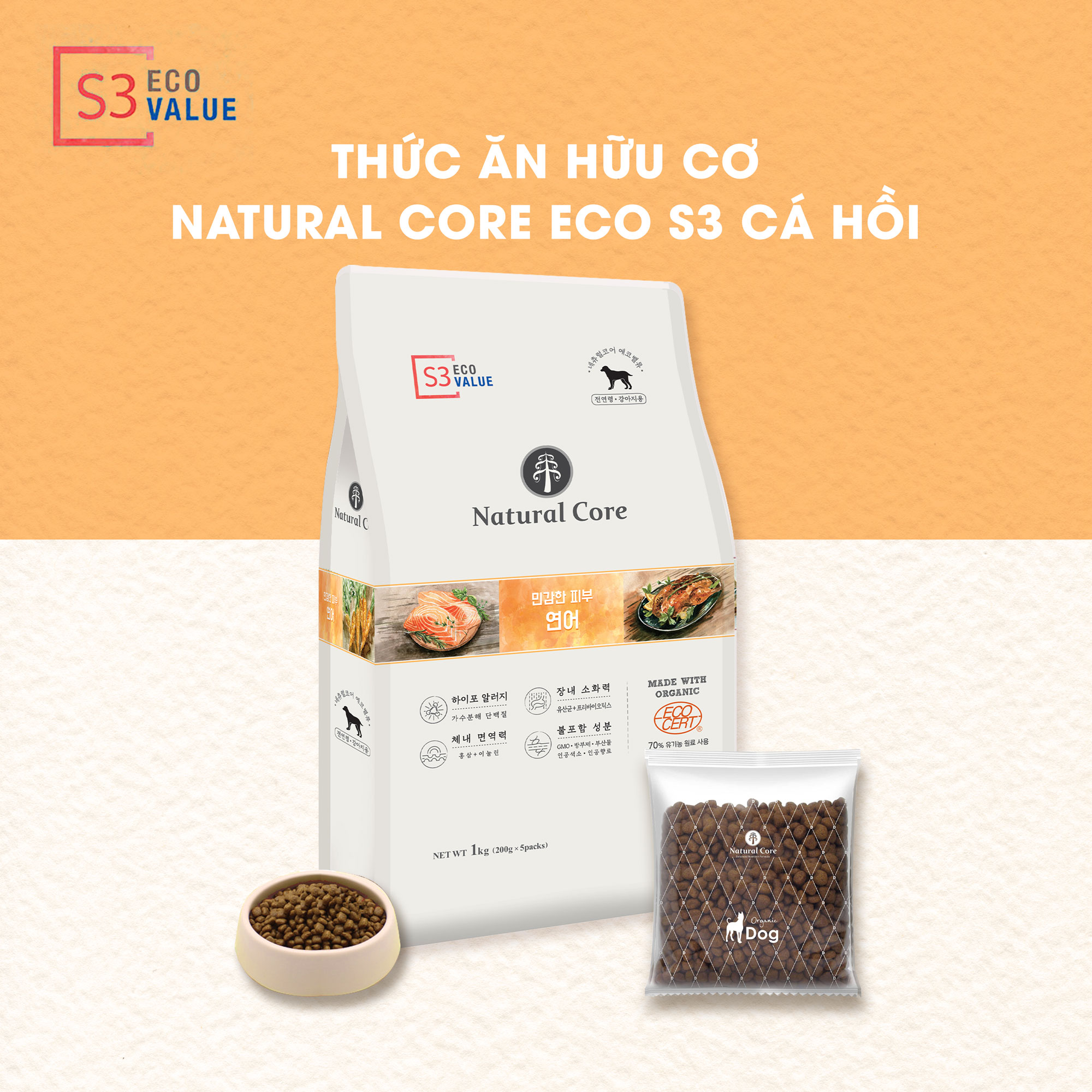 Thức ăn hạt hữu cơ đa đạm cho chó Natural Core | S3 cá hồi | Gấp đôi lượng thịt | Duy trì vóc dáng | Ngăn ngừa tiêu chảy