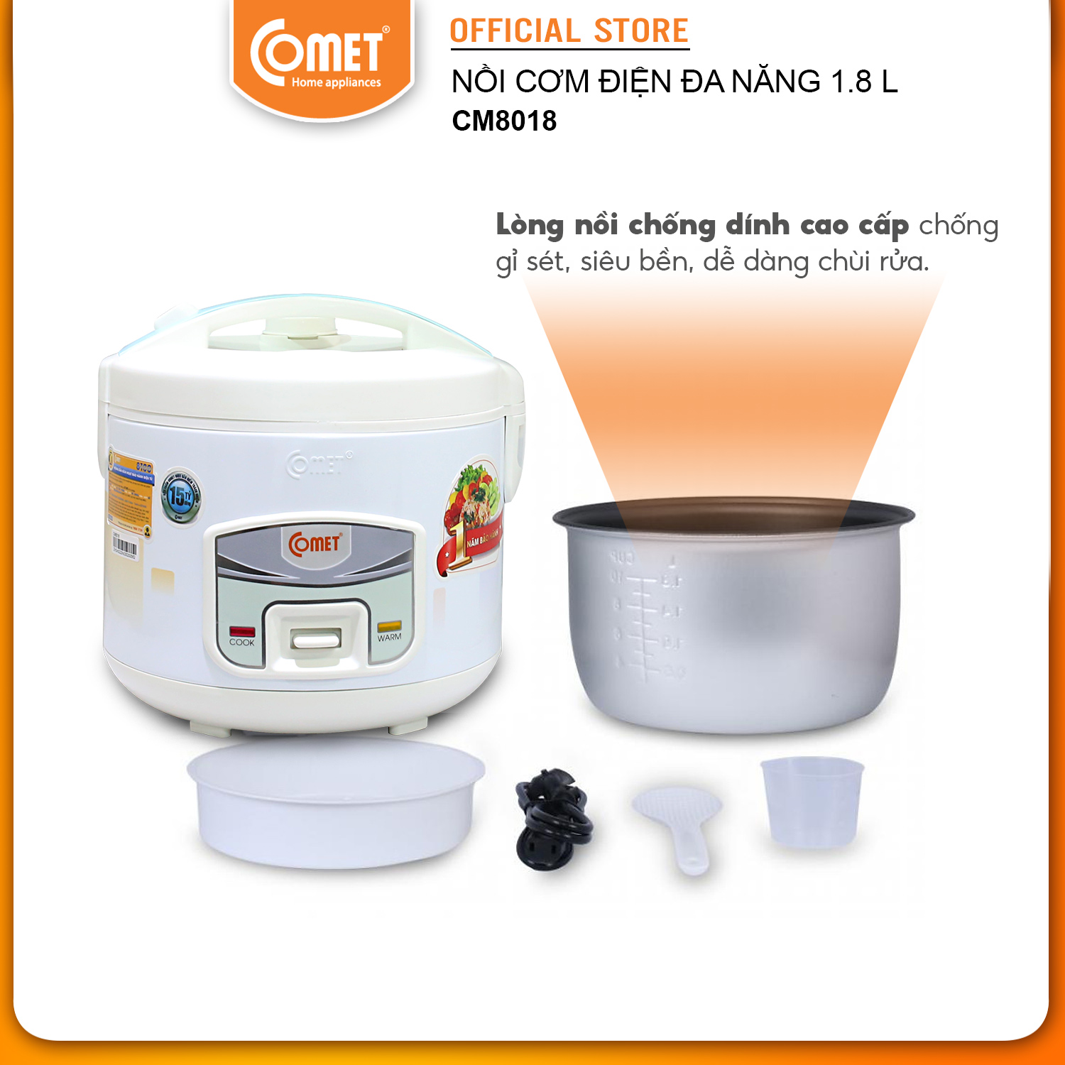 Nồi cơm điện 1.8L COMET - CM8018 - Hàng Chính Hãng