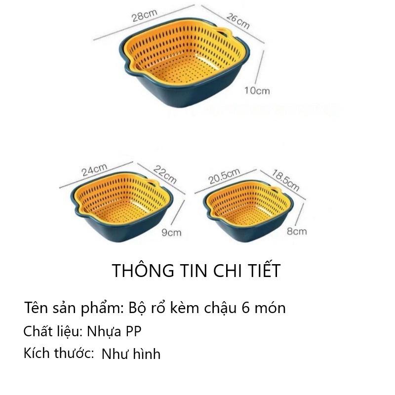 Set rổ 6 món/ bộ 3 rổ kèm 3 chậu nhựa đựng đồ ráo nước cực tiện ích 2in1