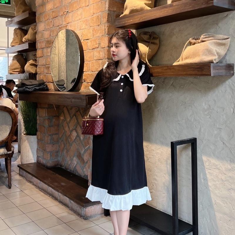 Đầm Bầu Polo Dáng Suông Cổ Sen Phối Viền Bèo Dễ Thương, Trẻ Trung Diện Mùa Hè - Đen