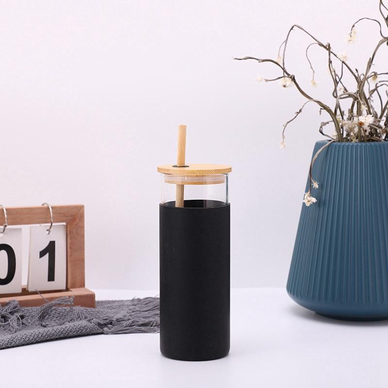 2 Pcs Bamboo Cover Glass Cup with Bamboo Straw Glass Juice Cup Silicone Sleeve Glass Water Cup Leak-Proof Black Green