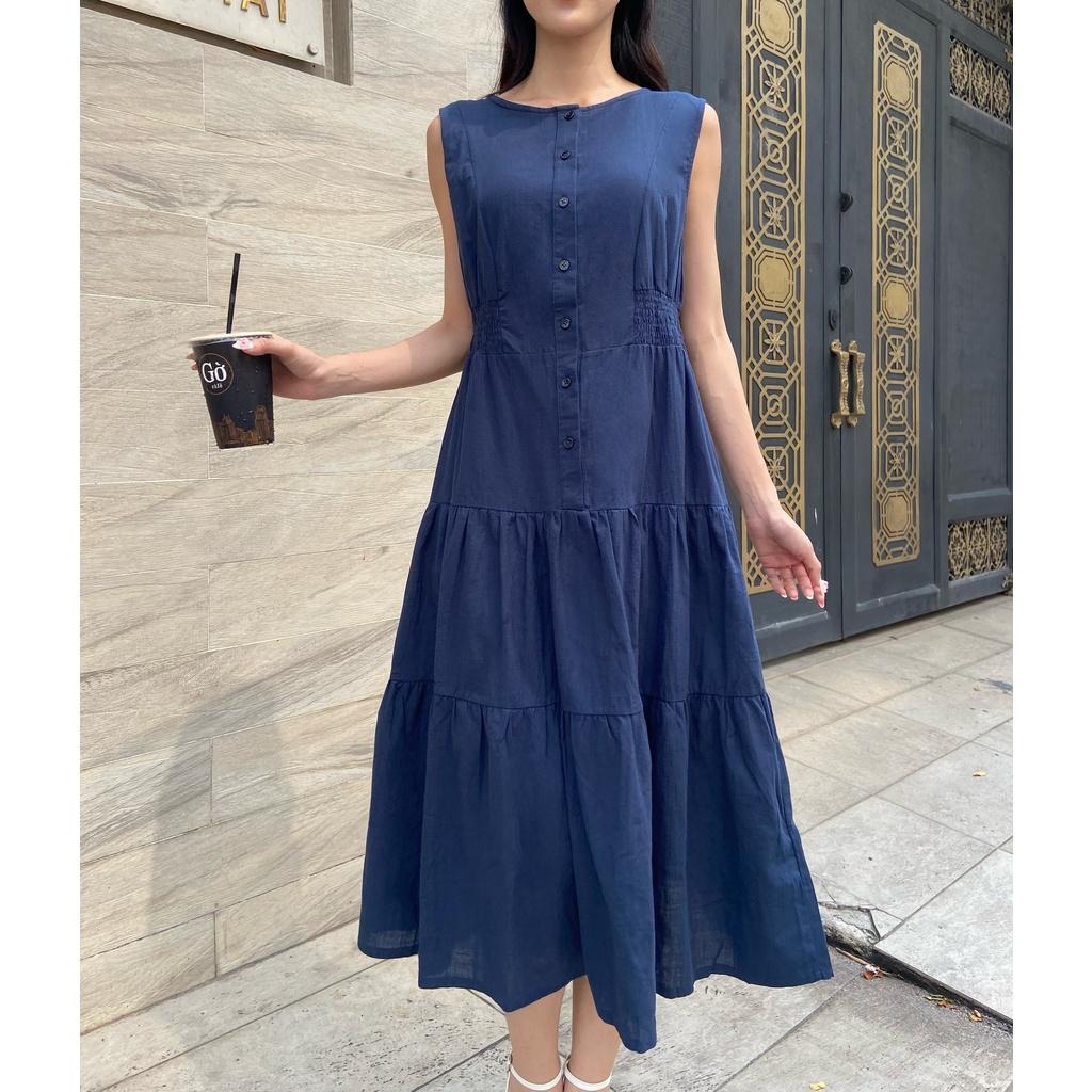 Đầm Maxi cổ tròn ngắn tay nhún eo - Lovadova 22D06C002