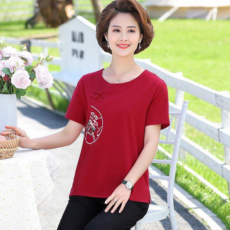 ️Áo Trung Niên️ Cho Mẹ, Mẫu Áo Trung Niên Nữ Thêu Bán Nguyệt Lụa Đũi Cổ Tròn Tay Ngắn Trẻ Trung
