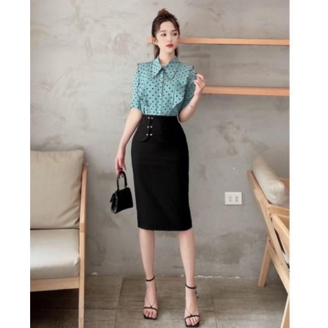 Chân Váy Bút Chì Dáng Dài Công Sở đáp tà đính cúc cách điệu