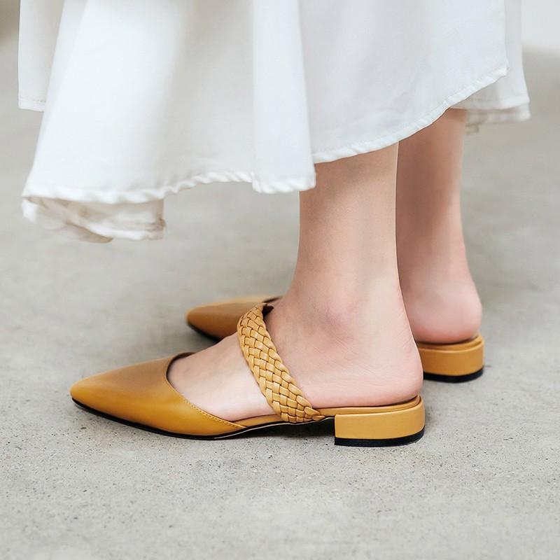 Giày cao gót thời trang mũi nhọn phối dây hở gót cao 2cm màu trắng size lớn 40 41 42 43 44