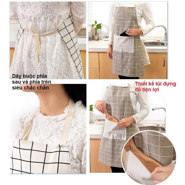 Tạp dề nội trợ dạng yếm kẻ Caro có túi, chống nước, chống dầu mỡ siêu tiện dụng
