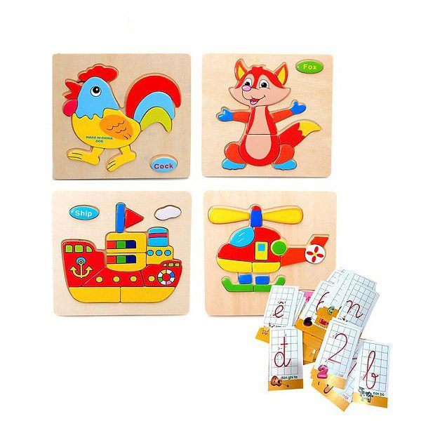 Bộ đồ chơi ghép hình 3D gỗ tranh với hình các con vật, xe cộ ngộ nghĩnh