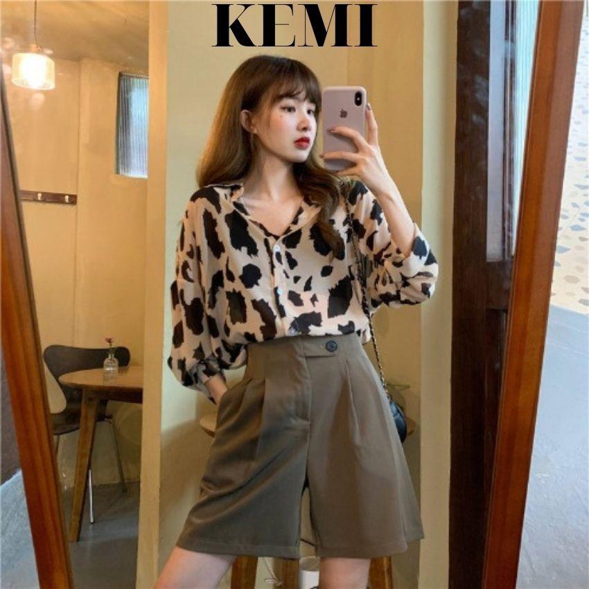 Áo sơ mi nữ dài tay dáng rộng họa tiết đốm da báo cá tính, thời trang mùa hè - Kemi
