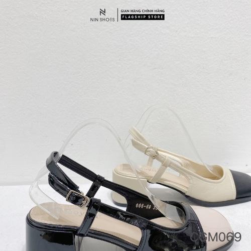 Giày cao gót Ninshoes - Cao gót Mary jane 3P đé vuông mũi tròn viền dưới pha 2 màu quai ngang cài