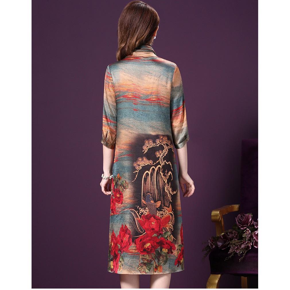 ️Có Big Size️Đầm Dự Tiệc Trung Niên Phối Họa Tiết Hoa Dáng Suông Sang Trọng Size S -> 4XL
