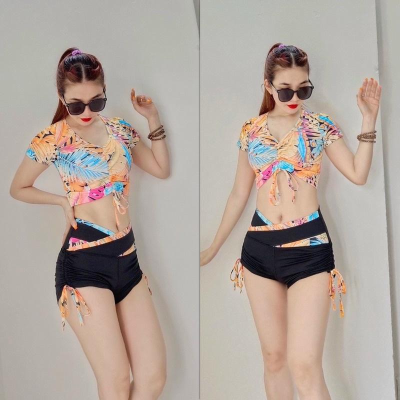 Set bộ đồ tập áo croptop quần đùi rút dây cạp V tập gym, nhảy aerobic nữ