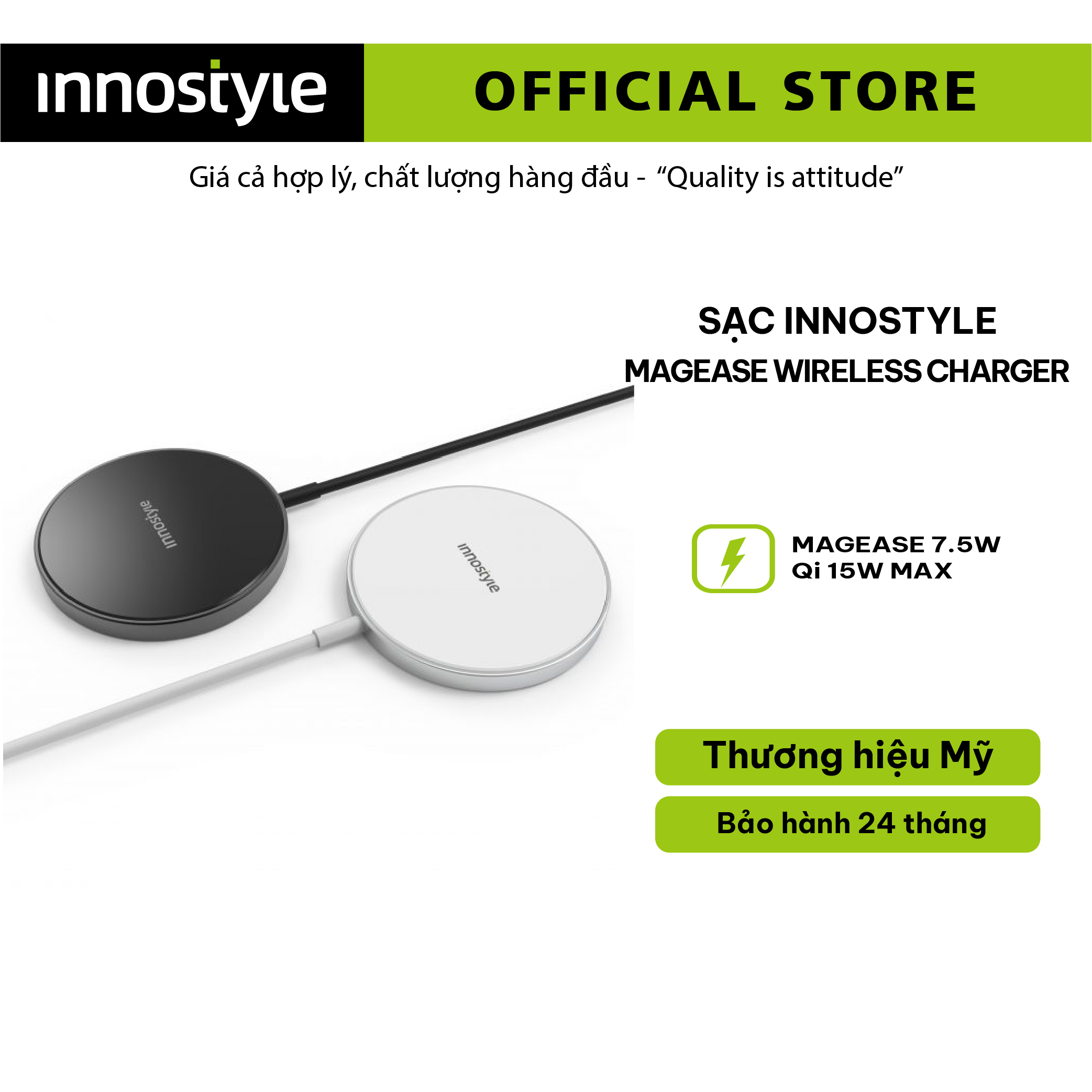 Bộ sạc không dây Innostyle Magease Wireless Charger - Thiết kế tiện lợi, nhỏ gọn, hàng chính hãng