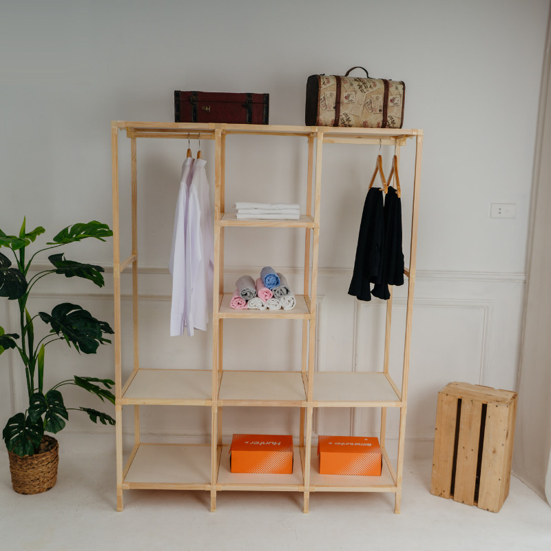 Tủ Vải Khung Gỗ 3 Buồng 8 Ngăn SIêu Chắc, Khung gỗ Vuông, Sàn để Đồ Bắng Ván Cao Cấp, Kích Thước 125*44*170cm | Tháo Lắp Dễ Dàng