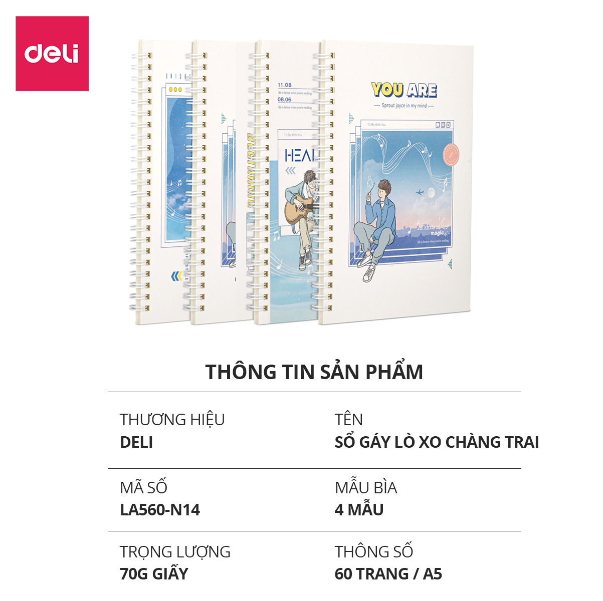 Sổ tay ghi chép gáy lò xo A5 B5 kẻ ngang 120 trang phiên bản Vương Nguyên mới Deli - Màu ngẫu nhiên - Phù hợp làm sổ planner kế hoạch, sổ nhật kí, tập vở ghi chép - LA560-N14