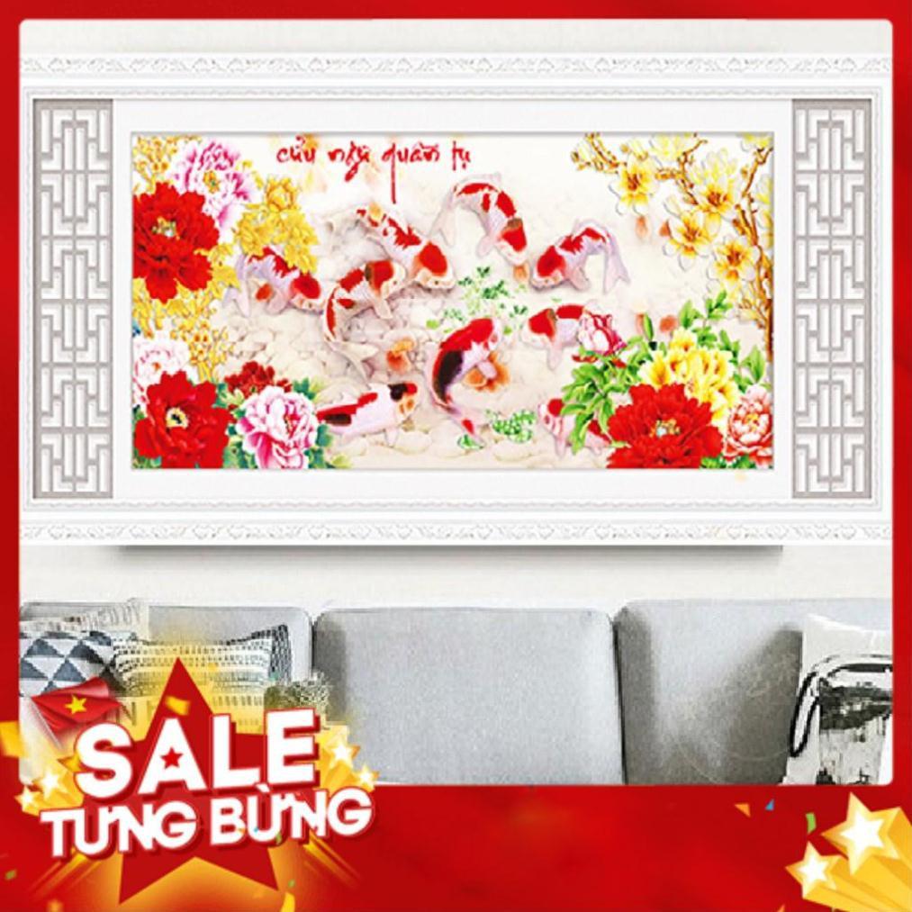 TRANH THÊU CHỮ THẬP CỬU NGƯ QUẦN HỘI TRANH CHƯA ĐÍNH LV3127