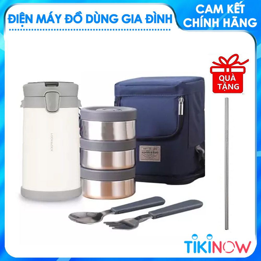 Bộ Hộp Cơm Giữ Nhiệt Lock&amp;Lock Easy Carry 2L LHC8039 Có Túi (1 Hộp 720ml, 2 Hộp 420ml Kèm 1 Bộ Muỗng Và Nĩa) Tặng kèm Ống Hút Inox 304