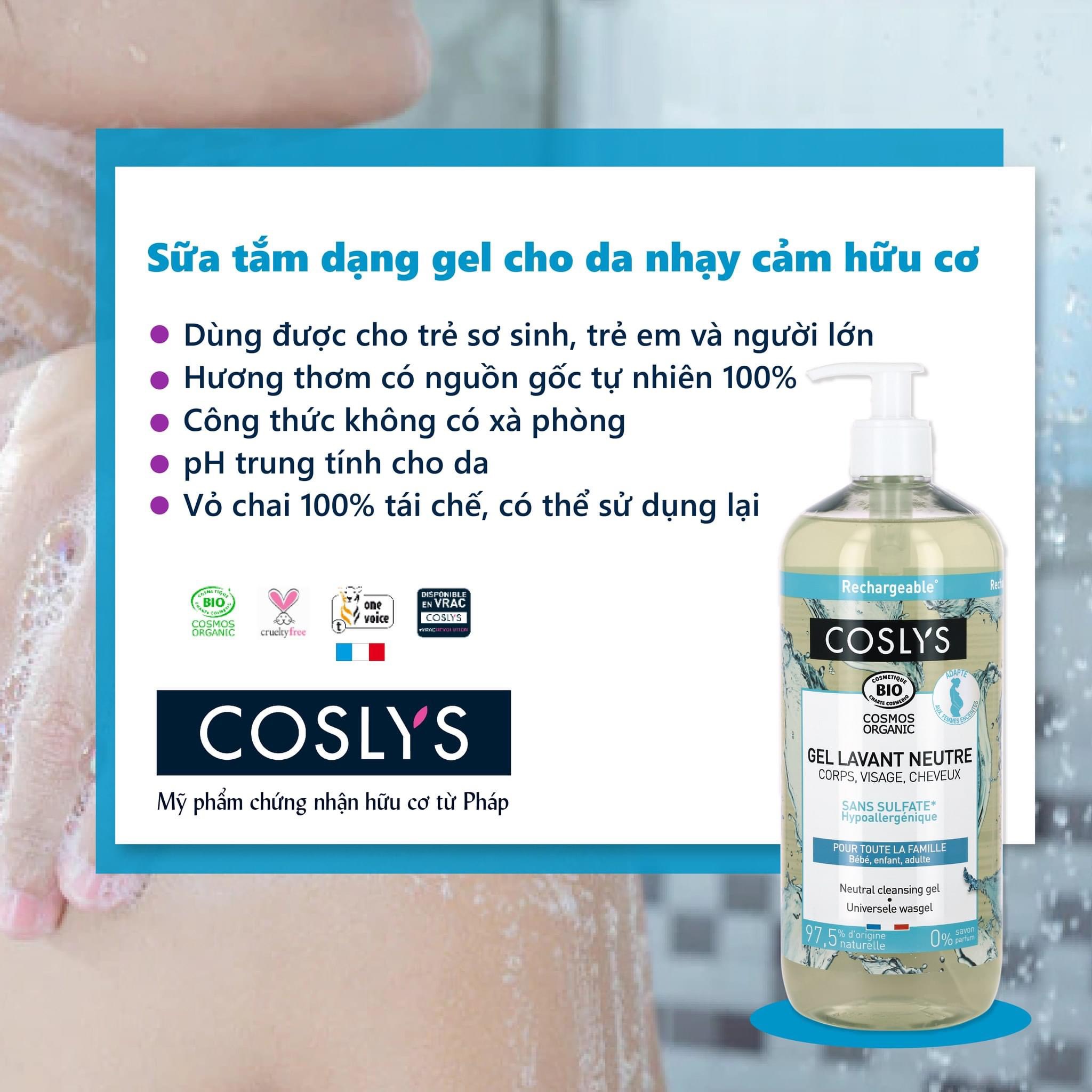 Sữa tắm hữu cơ dạng Gel chiết xuất Olive - Cỏ roi ngựa - Yến mạch cho da nhạy cảm 1L - Coslys